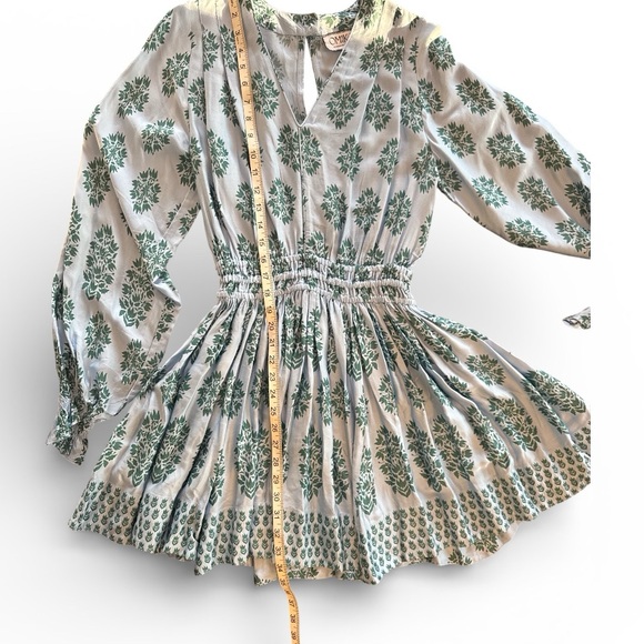 OMIKA Adele Mini Dress XS Blue Green Floral Smocked Boho Resort 100% Modal - Picture 11 of 12